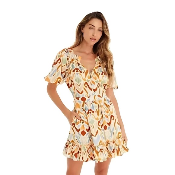 NWT Allison Alice Puff Sleeve V Neck Mini Dress Ivory Cream Ikat Sizes 4 and 6 - Picture 4 of 5